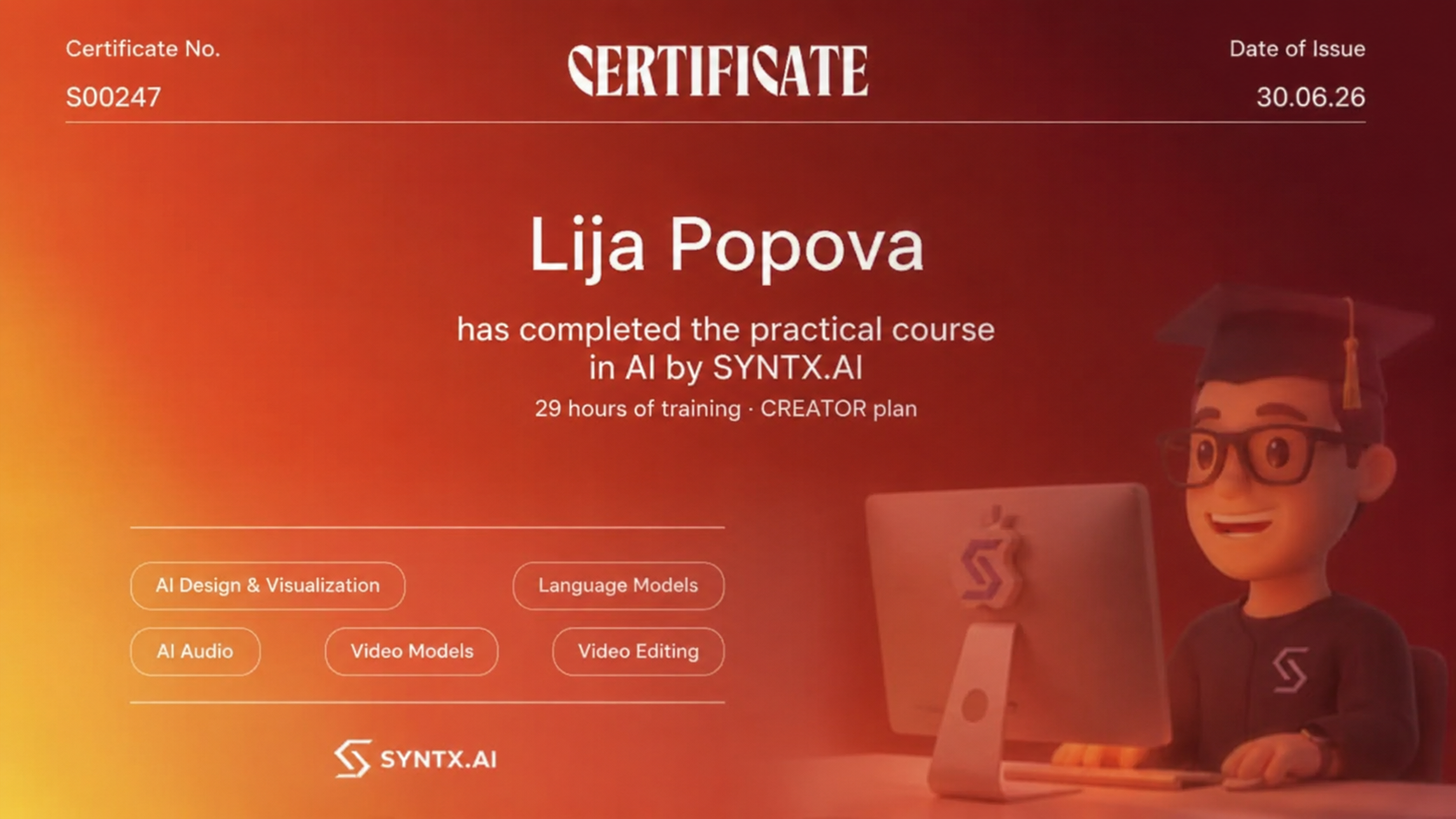 Zertifikat · SYNTX.AI · Lija Popova